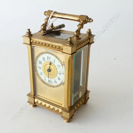 QUALITY 19thC GILT BRASS CARRIAGE CLOCK jewelled dial. Running. With key. H.150mm to handle top. 
