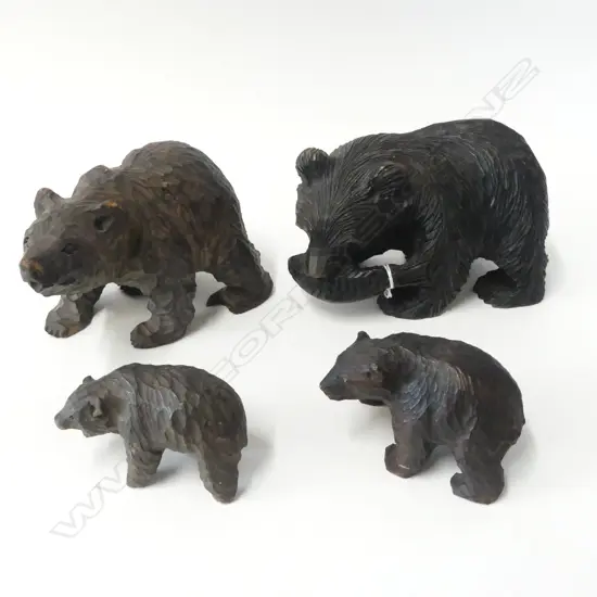 FOUR VINTAGE JAPANESE CEDARWOOD CARVED BEARS, various sizes, H.100 x 150mm (largest)