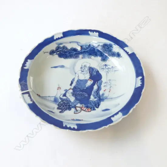 CHINESE B/W BOWL DEPICTING BUDDHIST ARHAT, KANGXI MARK 220mm dia