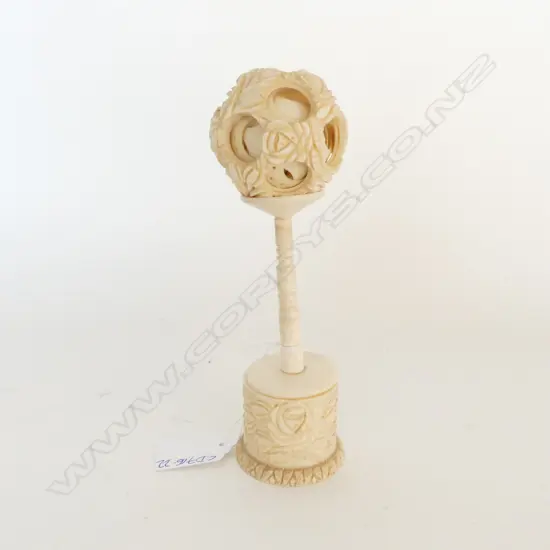 CHINESE CARVED IVORY PUZZLE BALL ON STAND at least 11 balls minor faults H.170mm