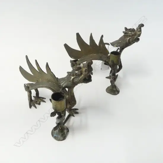 PR TIBETAN BRONZE MYTHICAL BEAST CANDLE HOLDERS L170MM