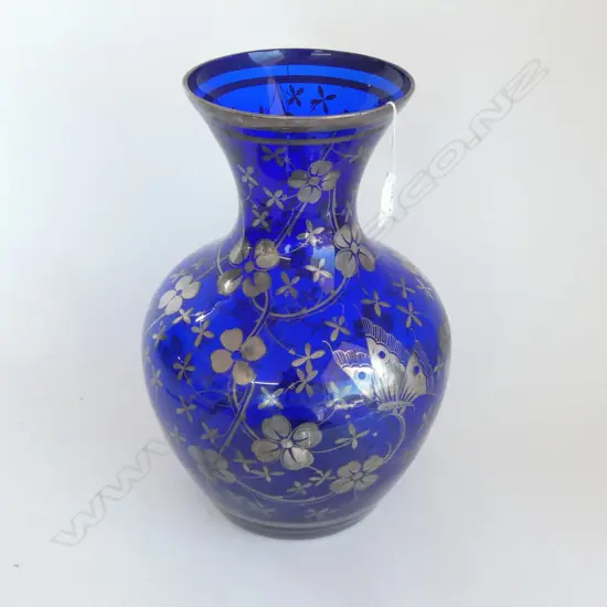 LGE VENETIAN BLUE GLASS VASE WITH SILVER OVERLAY BUTTERFLIES & FLORALS H.360mm