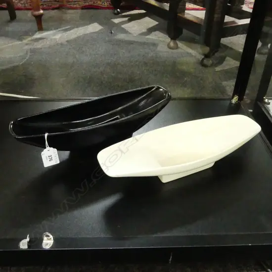 TWO CROWN LYNN IKEBANA VASES IN BLACK & WHITE, L.285MM-290MM