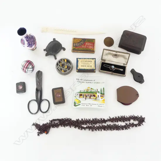 	BOX OF SMALL COLLECTABLES: ceramic small bowling small ball. boxes. Small tortoise. Sml Tupton Ware vase. Rosary etc