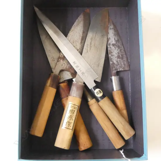 6 VINTAGE JAPANESE QUALITY STEEL CHEFS KNIFES all with signed blades longest 330mm