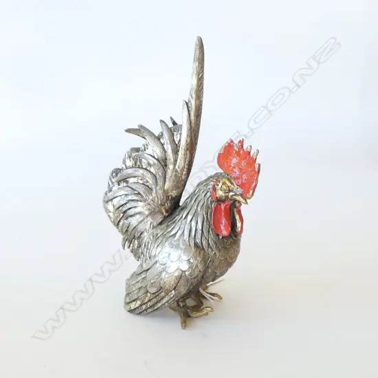 VINTAGE HEAVY WHITE METAL ROOSTER red & gilt highlights H.205mm