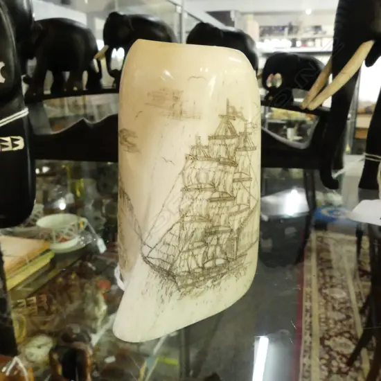 MODERN SCRIMSHAW BONE FRAGMENT SIGNED 'K.S.' H.85mm