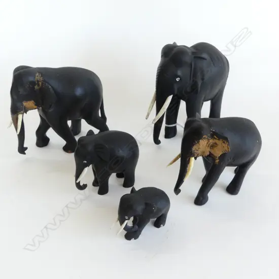 HERD OF 5 AFRICAN HARDWOOD ELEPHANTS 150MM TALLEST