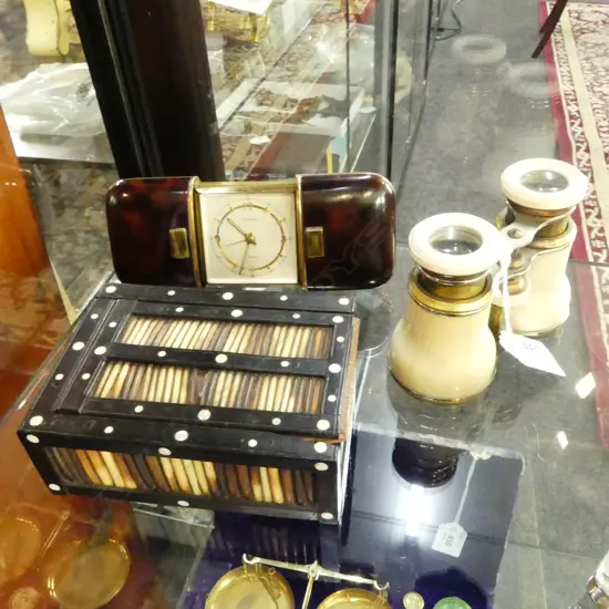 QUILL BOX W.125mm, IVORY OPERA GLASSES (crack), EUROPA FAUX TORTOISESHELL TRAVEL CLOCK