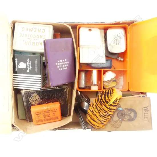 BOX OF OLD COLLECTABLES: AUTOGRAPH ALBUM + 'MAORI CHIEF WALLET' + MONEY BOXES ETC
