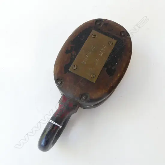 ANTIQUE WOODEN SHIPS PULLEY W. BRASS PLAQUE ‘PATT 93, 2’ ROPE’, L.290MM