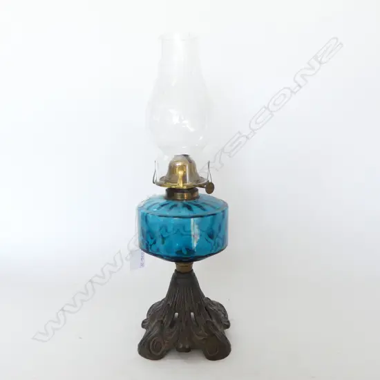 EDWARDIAN KEROSENE LAMP blue glass blue cast iron base w chimney