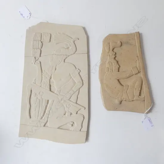2 CONTEMPORARY MAYAN RELIEFS (1 BROKEN); Sandstone, largest L.300mm