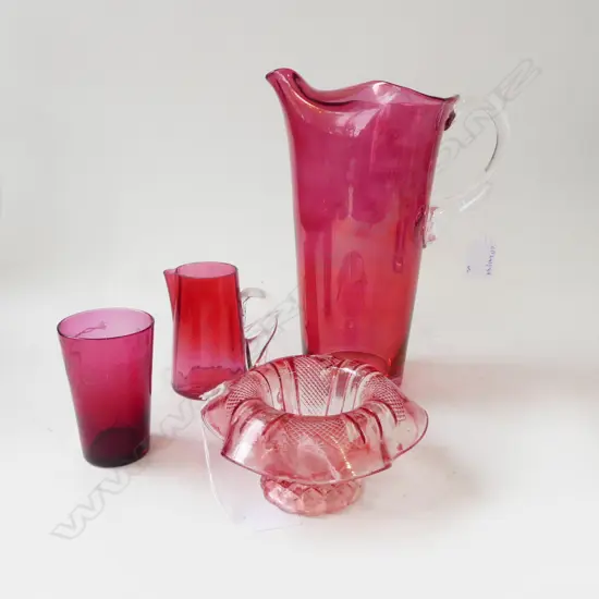 4PCS CRANBERRY GLASS TALL JUG H260MM SMALL JUG H100 BEAKER & VASE