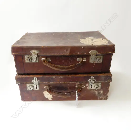 2 OLD STITCHED LEATHER TRAVEL CASES largest length 405mm