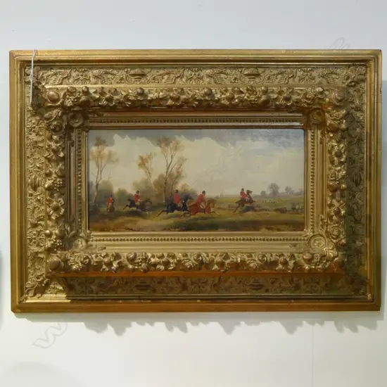 J. WOOG, 19thC ENGLISH HUNTING SCENE, OIL ON BOARD, 145 x 345mm