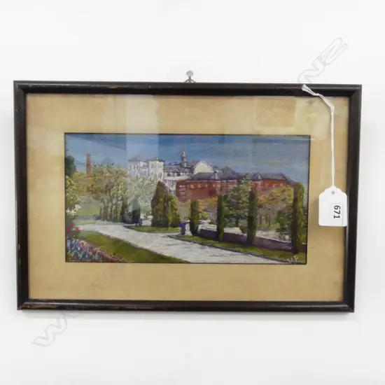 NZ ARTS & CRAFTS FRAMED EMBROIDERY SCENE OF AUCKLAND HOSPITAL FROM WINTER GARDENS INITILED VP H120 L230MM