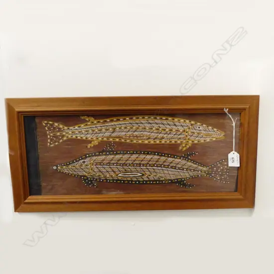 FRAMED ABORIGINAL BARK PAINTING BARAMUDI H190 L470MM