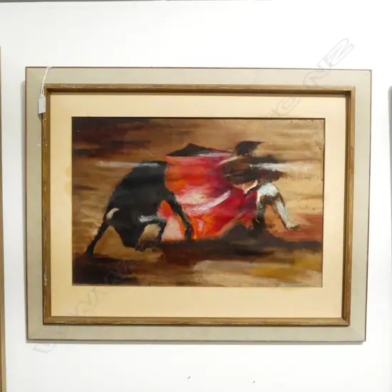 OIL ON BOARD  MID CENTURY MATADOR & BULL  H340 L510 DETAILS ON BACK 