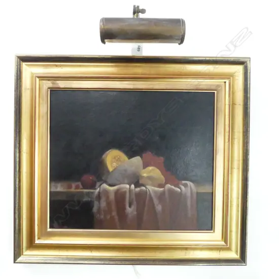 STILL LIFE OIL ON BOARD, SIGNED 'HAUGEN', OIL ON CANVAS, 330x390mm w. LIGHT FITTING
