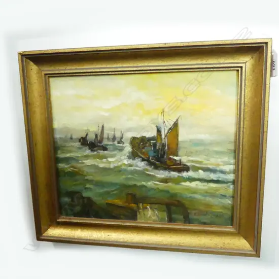 RUSSELL-TAYLOR, BOATS ON SEA, OIL ON BOARD 240x290mm