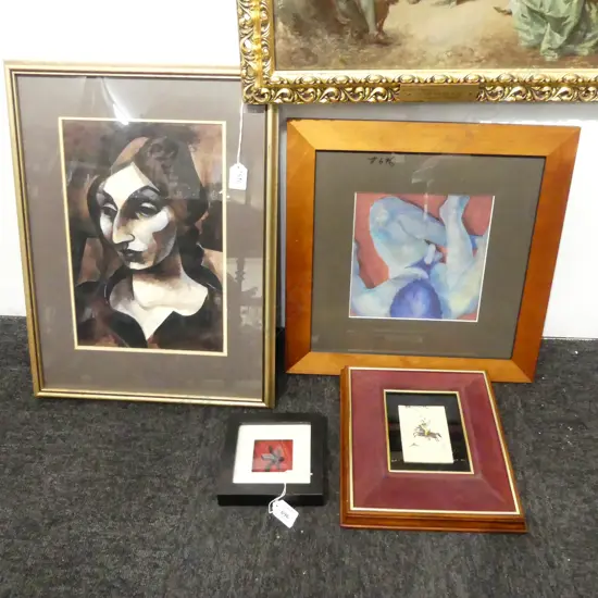 4 ARTWORKS; MALE NUDE PRINT, INDIAN MINIATURE, CHINESE SYMBOL, MURRAY GRIMSDALE 'RIA BLASSIS' INK & WASH 1970 340x230mm