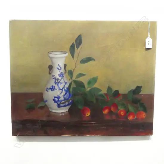 UNSIGNED STILL LIFE; VASE & FRUIT, OIL ON CANVAS 405x510mm