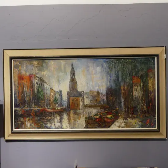 SIGNED ARTWORK, URBAN SCENE, OIL ON CANVAS 590x1200mm