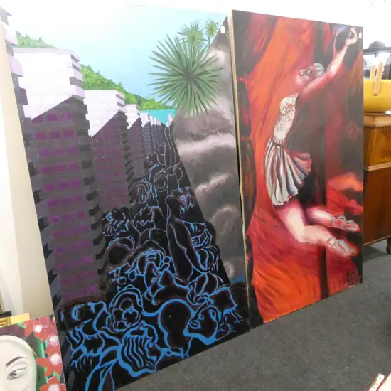 2 SIGNED ARTWORKS, BALLERINA & 'PURGATORY', ACRYLIC ON CANVA, 1780x1040mm