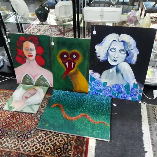 5 ORIGINAL SIGNED WORKS, ACRYLIC ON CANVAS, LARGEST 800x600mm