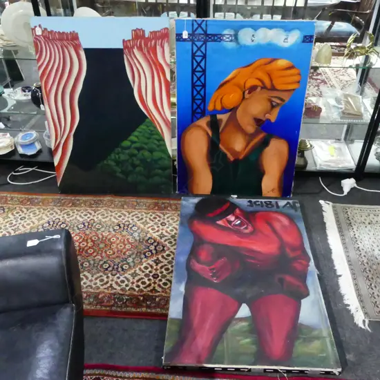 3 LARGE ORIGINAL WORKS, 'WEST COAST' 'WORKERS' 'JULIAN HARRISON', LARGEST 1000x700mm