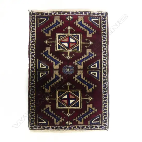 SMALL PERSIAN HAND KNOTTED RUG OX BLOOD & BLUE  COLOURS L850 W560MM