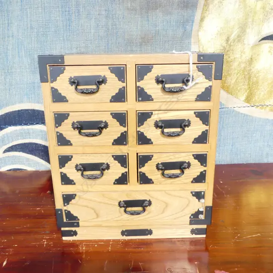 Vintage japanese sewing box; 7 drawer W. black metal fittings, H.270mm