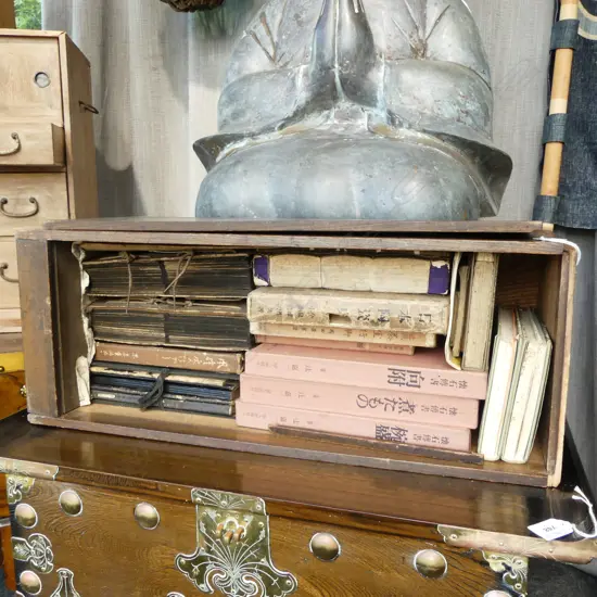 Japanese Cedar Book Box with old books and postcard albums 240x240x630mm