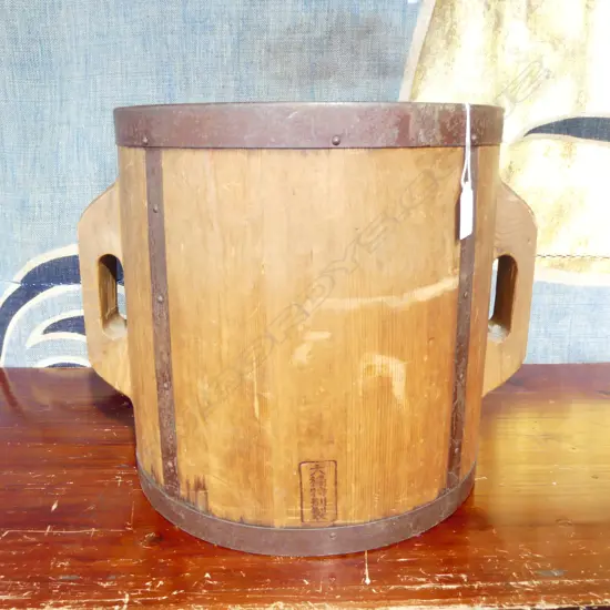 80 year old iron bound cypress wood rice measure; Imperial standard, 18 litres, H.315mm