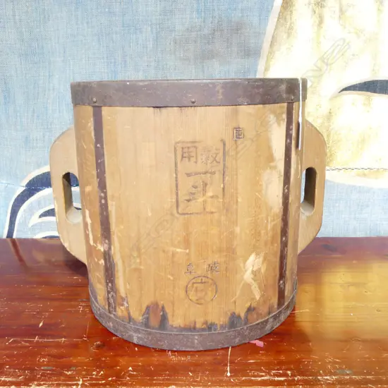 80 year old iron bound cypress wood rice measure; Imperial standard, 18 litres, H.315mm