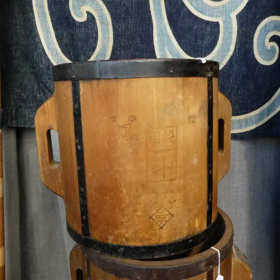 80 year old iron bound cypress wood rice measure; Imperial standard, 18 litres, H.315mm