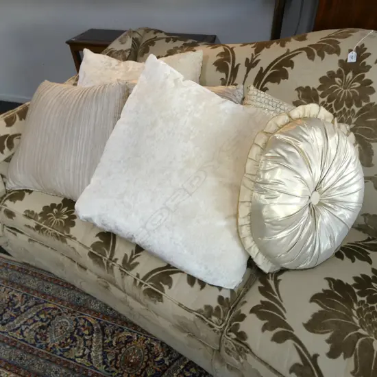 6 DECORATIVE CREAM CUSHIONS VARIOUS SHAPES, SIZES & FABRICS