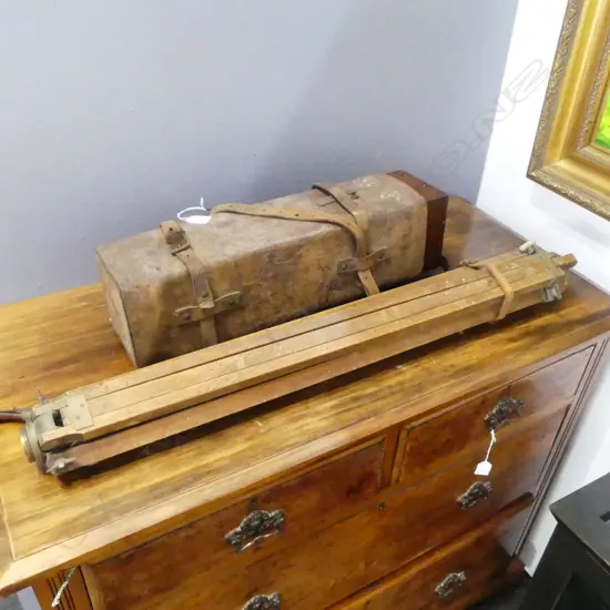 BRASS THEODOLITE IN MAHOGANY BOX IN LEATHER CASE W.500mm (TOO TOUGH TO OPEN) + WOODEN TRIPOD (BORER)