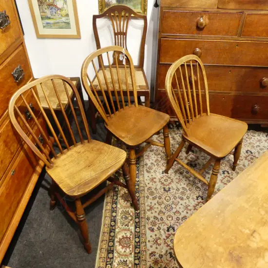 3 19thC ELM COUNTRY KITCHEN CHAIRS Windsor type hoop backs