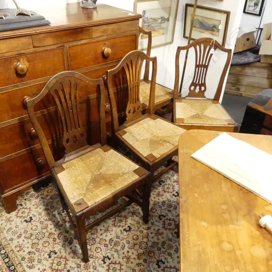 GEORGE III SET 4 ELM RUSH SEATED CHAIRS pierced splat backs