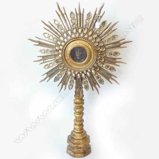 VINTAGE FANCY GILT SOUTH AMERICAN RELIGOUS MONSTRANCE (SUN ON STAND) mini painted portrait to center. H.1030mm