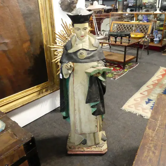 **RTV** DISTRESSED VINTAGE PAINTED WOODEN RELIGIOUS STATUE DEPICTING THOMAS OF AQUINAS H.1100mm
