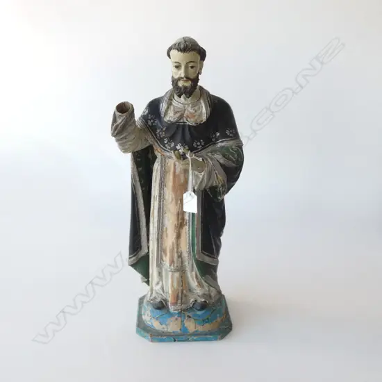 DISTRESSED VINTAGE PAINTED WOODEN RELIGIOUS STATUE DEPICTING  SAINT VINCENT FERRER H.530mm (HAND MISSING)