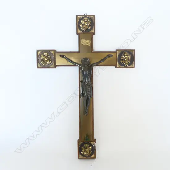 ART NOUVEAU WALL HUNG CRUCIFIX w BRASS ANGEL DETAIL, H.500mm