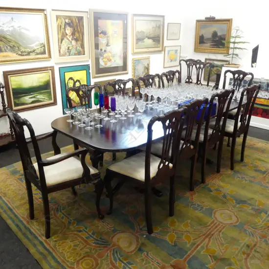 REPRODUCTION MAHOGANY BANQUET TABLE 1050x2510x750mm w. 12 DINING CHAIRS 