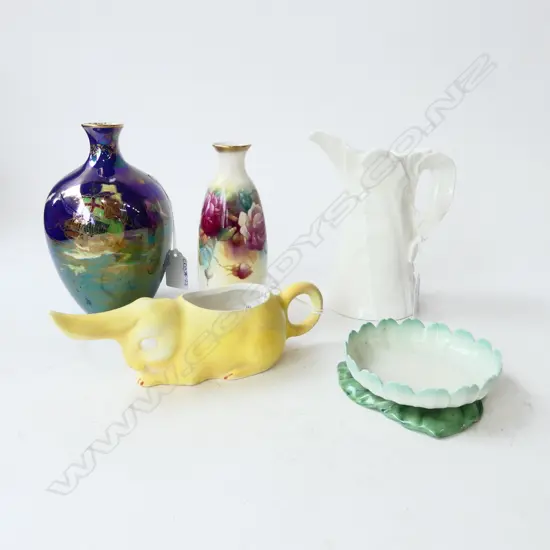 3 PCES ROYAL WORCESTER Incl. HAND PAINTED VASE, DEVON LUSTRE VASE & RABBIT MILK JUG