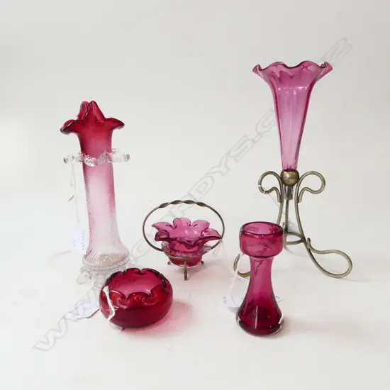 5PCS CRANBERRY GLASS EPHGNE VASE H250MM VASE H200 & 3 SMALL PCS