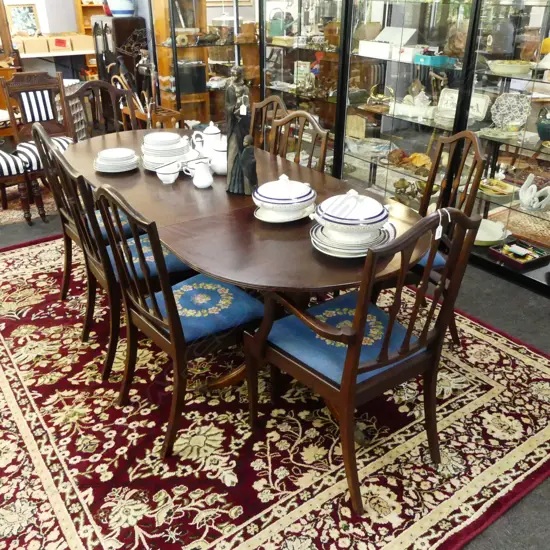 REGENCY STYLE DOUBLE PEDESTAL D END DINING TABLE + 8 SHERATON STYLE CHAIRS, 2 ARE CARVERS