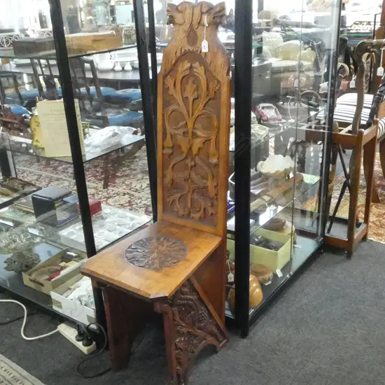 NZ ARTS & CRAFTS CARVED RIMU HIGH BACK CHAIR dogs heads to top of back H.1235mm missing small front rail